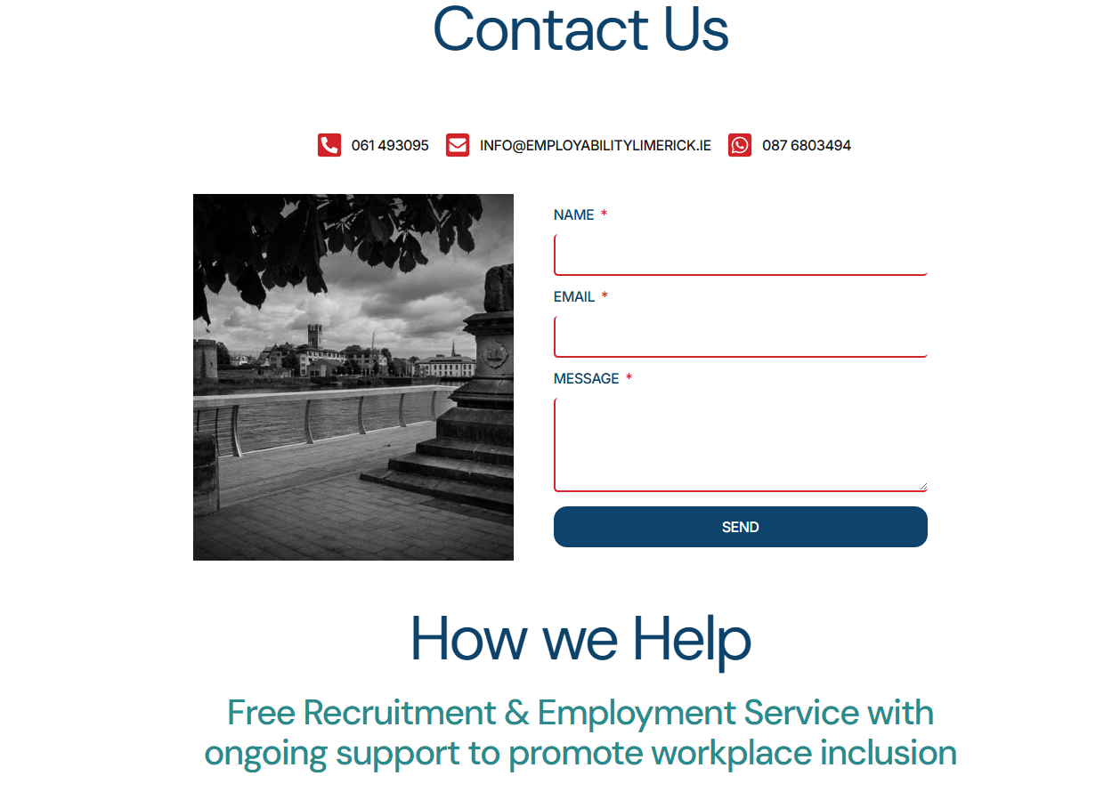 EmployAbility Limerick contact form and How We Help content