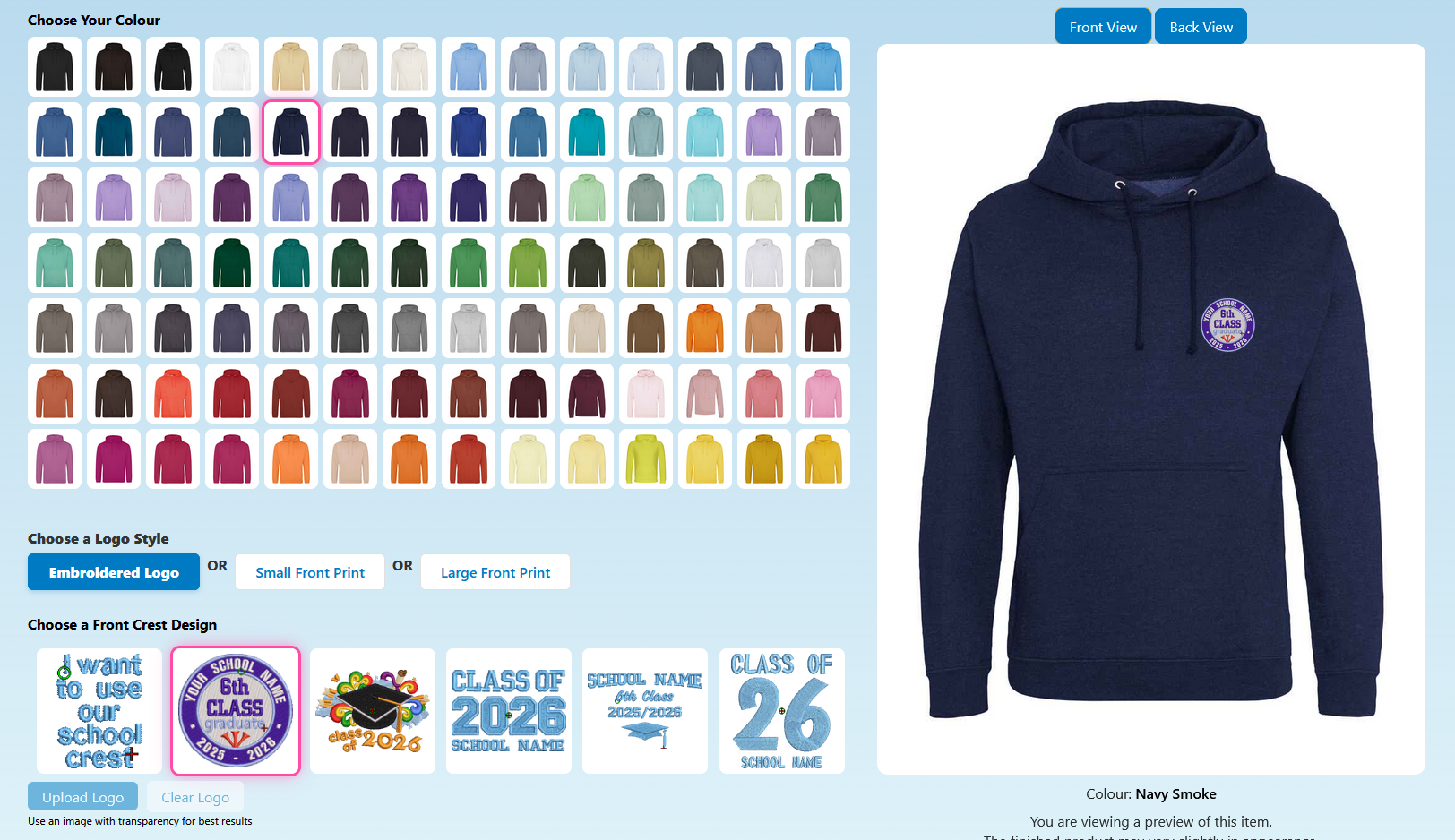 Live SchoolHoodies configurator showing colour and crest choices with an instant hoodie preview
