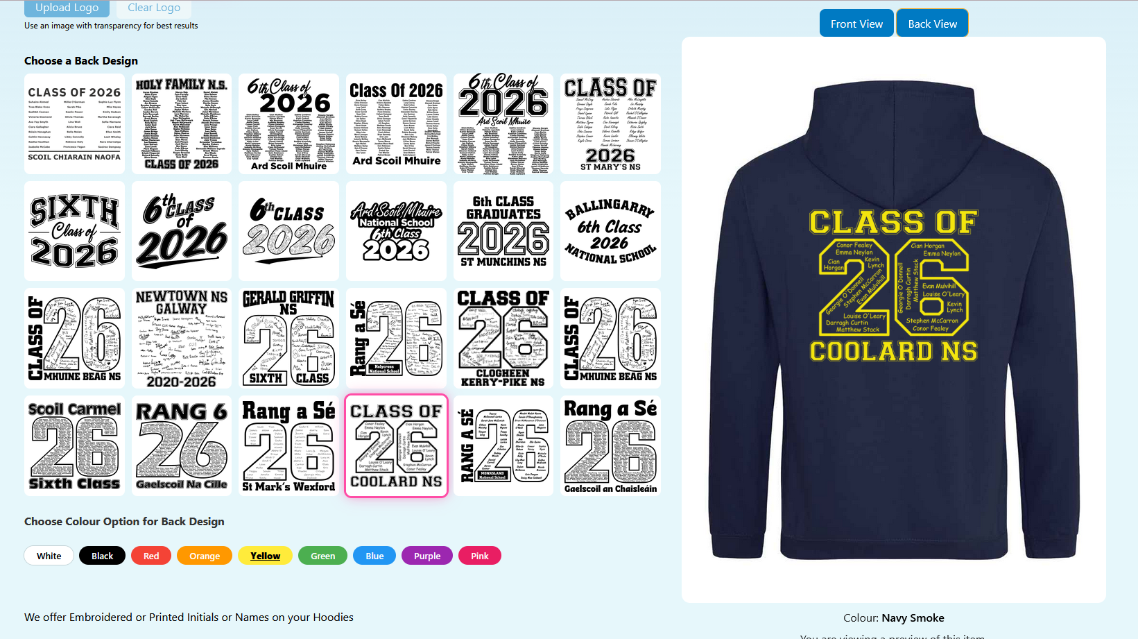 Selection of ‘Class of 2026’ school hoodie design prints displayed alongside a navy hoodie mockup with yellow ‘Class of 26 Coolard NS’ text.