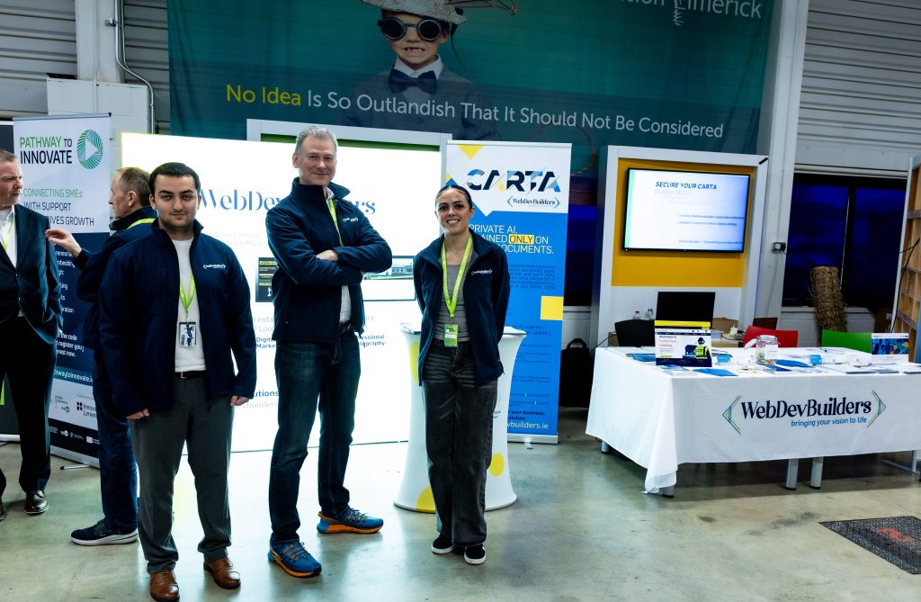 Three WebDev Team Services staff members at the Limerick IT Summit, held at Dell Technologies in Raheen Industrial Estate, Limerick on 26 February 2026.