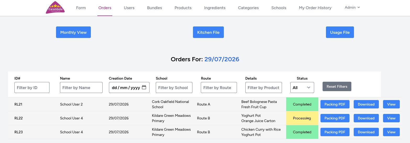 Daily order management interface