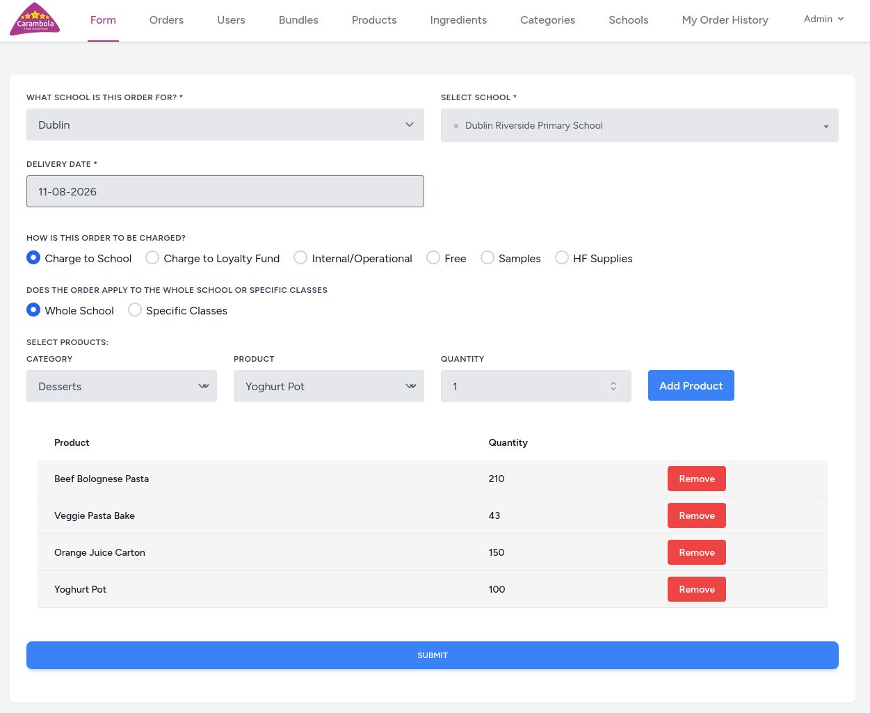 Structured digital order form replacing the previous paper process