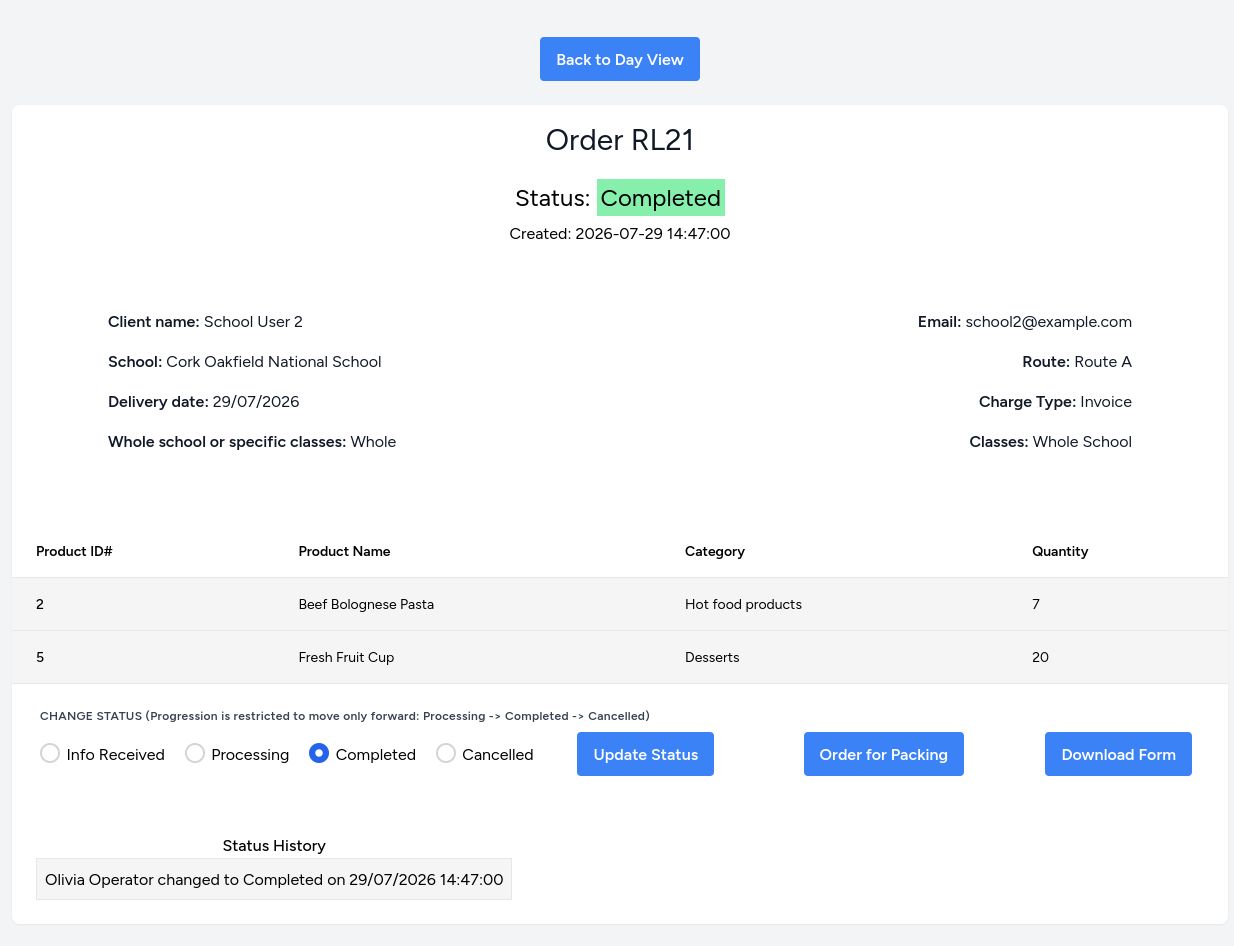 Order-management view in the completed platform