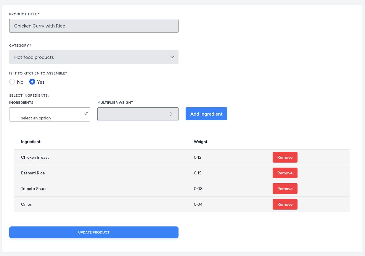 Product editor showing component-level material quantities