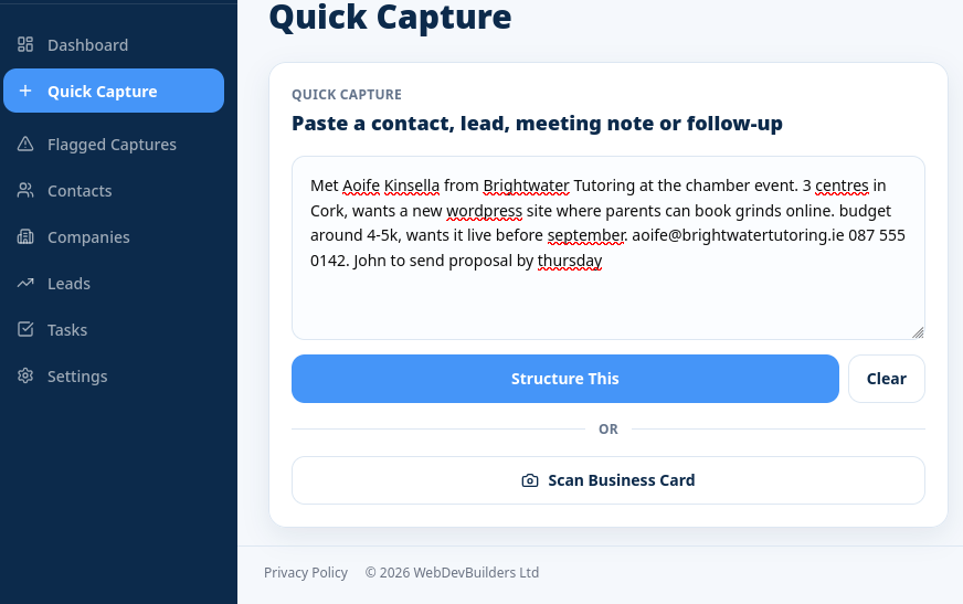 Quick Capture screen with a conversation note and an option to scan a business card