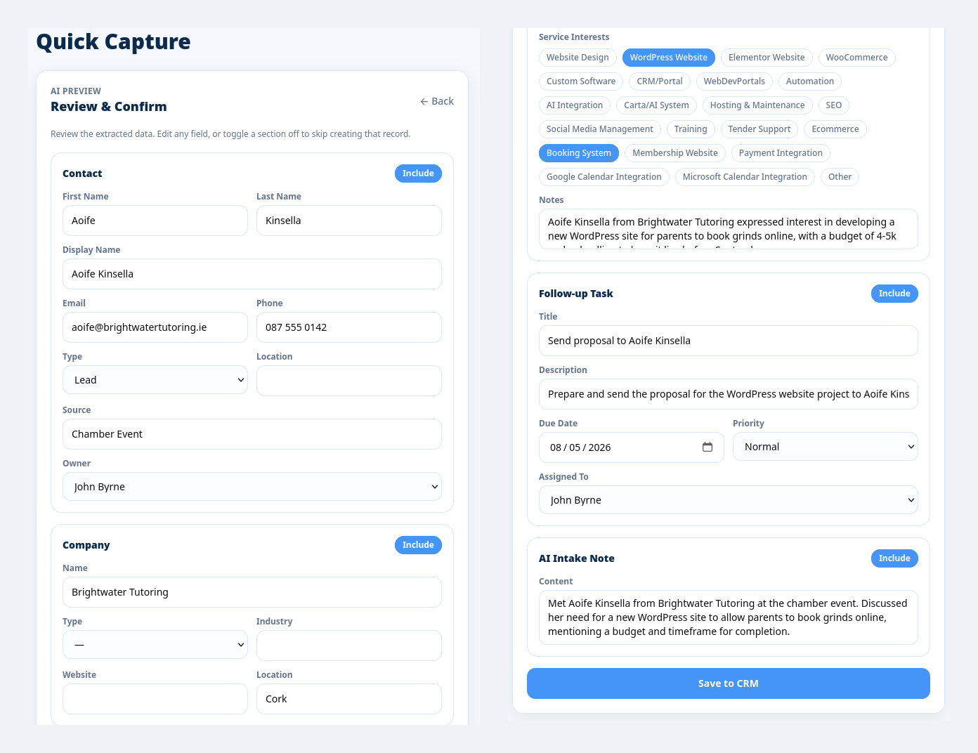 AI review screen with editable contact and company fields, service interests and an assigned follow-up task